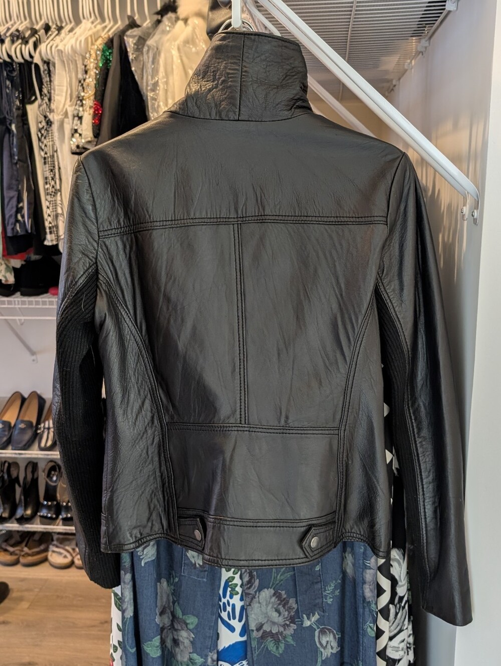 Michael Kors Black Leather Moto Jacket with Ribbed Collar - Picture 5 of 6